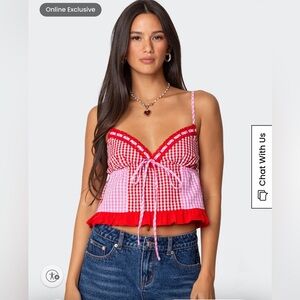 Edikted Red and Pink Smocked Tie Front Camisole